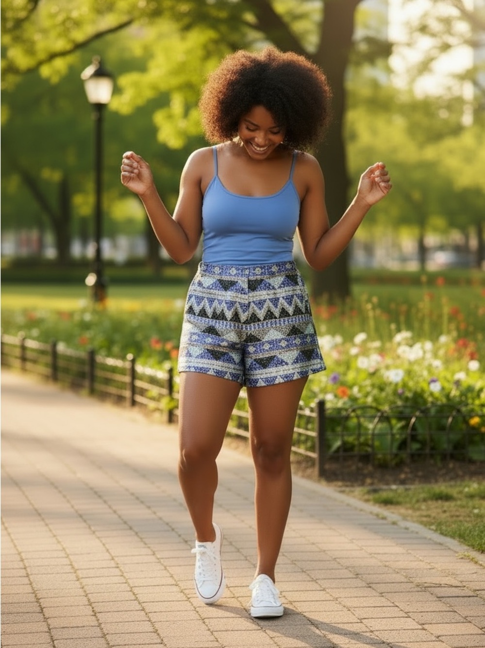 Verty - Women’s Blue Patterned High-Waist Bermudas w/ Sequins